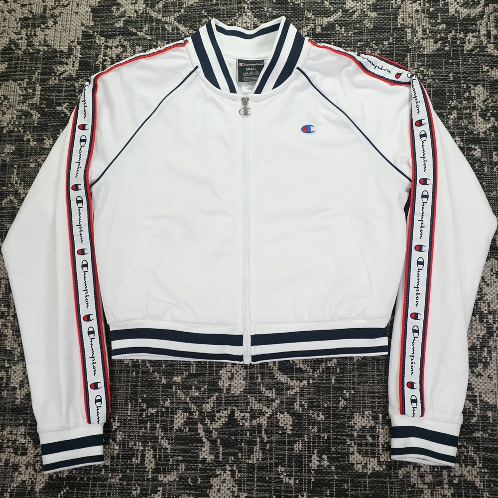 Champion Womens Track Jacket Small White‎ Full Zip Cropped Bomber Retro Athletic